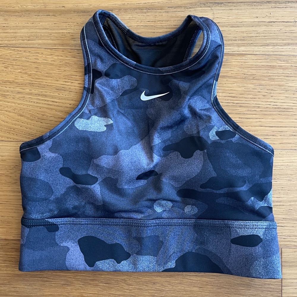 Nike Women’s Medium Support Sports Bra Camo Sz Small, Grey/Black/Navy